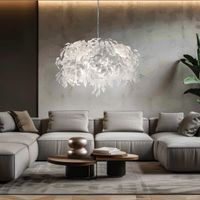 Hängelampe Pendelleuchte Blätterleuchte Esszimmerleuchte Wohnzimmerlampe Schlafzimmerleuchte weiß Blätter, Metall chromfarben, 4 Flammig E14, H 150 cm