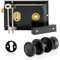 Knob Set Black, Complete with A Rim Lock, Plastic Door Knob and Escutcheons, Designed for Wooden Barn, Gate and Shed Doors