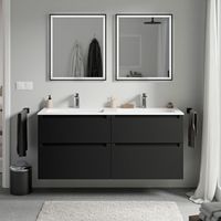 Unterschrank Bernstein VIREO 140cm mit Mineralguss Waschbecken BRUXELLES Badmöbel: Schwarz matt, Waschbecken: Weiß matt mit Hahnloch