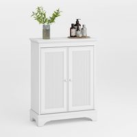 Meuble de salle de bain sur pied avec rangement, armoire de salle de bain blanche avec porte en rotin et étagère réglable, meuble de salle de bain moderne indépendant, pour salon et cuisine