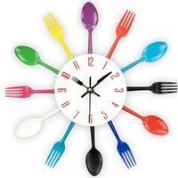 Küchenwanduhr, abnehmbares 3D-Motiv, modernes kreatives Besteck, Küchenlöffel, Gabel, Wanduhr, Spiegel, Wandaufkleber, Heimdekoration (bunt)