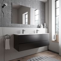 BERNSTEIN - Mueble lavabo doble suspendido MDF negro mate, 2 lavabos fundición blanco mate + orificios grifería 160x46x50cm - AVA BRUSSELS Negro mate, Blanco mate con orificio para grifo.