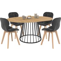 Idmarket – Ensemble table à manger ronde extensible 110-150 cm – 4 chaises en PU noir – Plateau bois et pied métal – Design industriel chic