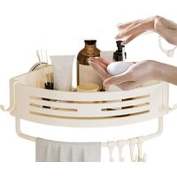 Shower Shelf with Bar and 6 Hooks - Corner Suction Cup Storage - No-Drill Aluminum Bathroom Organizer (White)