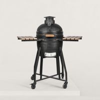 Barbecue charbon Kamado 16' céramique pour 4 à 6 personnes – Grille inox 34 cm – Deux plateaux rabattables – Pierre à pizza offerte