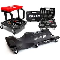 Tabouret Roulant BM TOOLS, Plateau Outils de Rangement avec Chariot de visite et Coffret 108 outils, PACK Garagiste, Mécano Auto