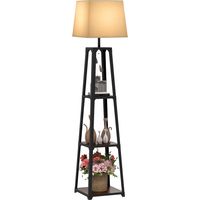 Lampe de Sol en Métal et MDF à 3 Niveaux avec Abat-Jour en Tissu, Ø42x166 cm, Noir et Beige