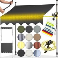 tillvex Klemmmarkise 350 cm Hellgrau mit LED mit Handkurbel Balkon Balkonmarkise ohne Bohren Markise UV-beständig & höhenverstellbar Sonnenschutz wasserdicht