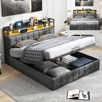 Letto contenitore 140x190,letto matrimoniale 140x190,letto matrimoniale contenitore,con rete a doghe, testiera con contenitore, luci LED, lino, grigio