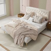 REDOM Lit coffre 140x200 cm Tête rembourrée velours hollandais Tissu et métal Grand rangement beige (Sans matelas)