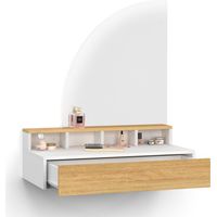 ZELIA, tavolo da toilette sospeso con specchio LED, 4 nicchie, 1 cassetto, legno e bianco