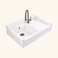 Évier timbre d'office céramique blanc 89x61 cm – 1 bac avec égouttoir à droite – Vidage manuel – Bonde et siphon inclus – Chambord