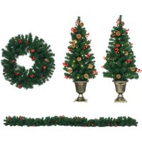 Decorazioni Natalizie, Set 4 Pezzi con 2 Alberelli di Natale Φ40x90 cm, Ghirlanda Natalizia e Corona di Natale