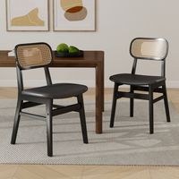 Wahson Lot de 2 chaises de salle à manger en bois avec coussin imperméable – Dossier en rotin tressé – Pieds en bois massif – Noir