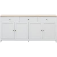 Buffet bois blanc veiné, 4 portes, 3 tiroirs, salon salle à manger