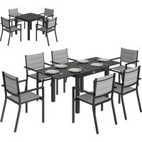 Salon de Jardin 7 Pièces Table Extensible Aluminium 6 Chaises Empilables Textilène Rembourré 90/180 x 80 x 75 cm Gris