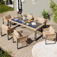 Conjunto de salón de jardín, 6 sillones, 1 mesa, 6 cojines, de tela, marrón