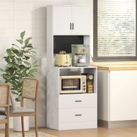 Meuble de cuisine auxiliaire avec support pour micro-ondes, 2 tiroirs, 2 portes et panneau métallique perforé, blanc