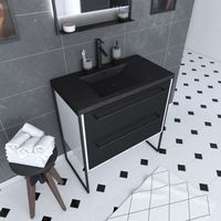 Mobile da bagno 80x50 cm Bianco - 2 cassetti nero opaco - Lavabo in resina nero effetto pietra