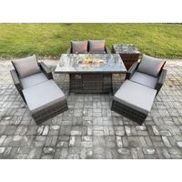 Fimous Gartenmöbel-Set im Freien 6-Sitzer Poly Rattan Sitzgruppe mit Gas Feuerstelle Tisch 2 Großer Fußhocker Beistelltische Dunkelgrau Gemischt
