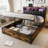 Hydraulic Storage Bed with USB Charging Port & LED Light, Black Wood Effect Headboard with Soft Backrest & Side Pockets, Metal Frame,4ft6 Double Bed 135×190cm