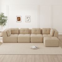 Canapé d’angle modulable en velours côtelé beige, assise profonde 74 cm