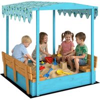 Bac à sable en bois avec couvercle, bac à sable enfant extérieur avec siège pliable toile imprimée flamants bleus
