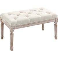 Banc banquette beige 80cm, classique capitonné, lin, bois hévéa sculpté patiné