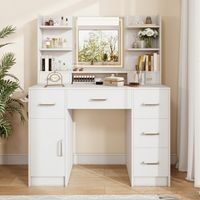 Coiffeuse avec Miroir et station de charge, coiffeuse chambre avec éclairage LED, 8 tiroirs, 4 étagères, 110x40x140 cm, Moderne, Blanc