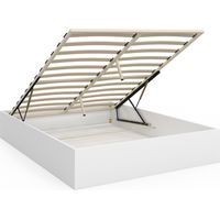 Idmarket – Lit coffre double 140 x 190 cm blanc – Sommier 24 lattes en bois – Grand coffre de rangement avec vérins de levage – Design épuré