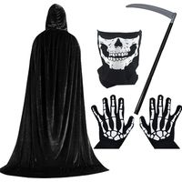 Costume Faucheuse Adulte, Déguisement Halloween avec Cape Noire à Capuchon, Faux et Gants Squelette – Costume Halloween pour Soirées, Fêtes et Maisons Hantées (L)