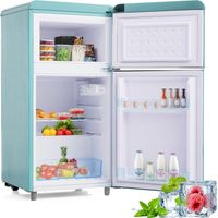 Frigo vintage double porte, réfrigérateur rétro 72L avec congélateur 21L, petit frigo silencieux 39dB pose libre cyan pour studio, éclairage LED