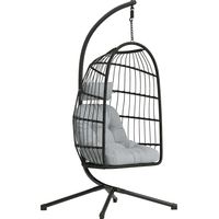 Poltrona Suspensa Dobrável em Rattan com Almofada de 15cm e Apoio para Cabeça,Compacta 101x105x196cm Cinza