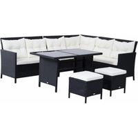 8-Seater Garden Rattan Furniture Rattan Corner Dining Sofa Set Wicker Conservatory Furniture Lawn Patio Coffee Table Foot Stool w/Cushion-Black