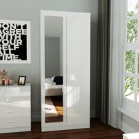 ELEGANT White Wardrobe Storage with Mirror High Gloss Bedroom Furniture Soft Close Door Shelf and Hanging Rod
