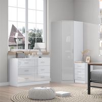 Reflect 1 Door Corner Wardrobe, 6 Drawer Chest, 3 Drawer Bedside - White Gloss & Matt White - Bedroom Furniture Set
