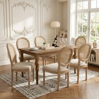 Lot de 6 Chaises en Rotin, Chaises Dossier en cannage confortable - cadre en bois massif avec finition vieillie - assise rembourrée en lin, Beige