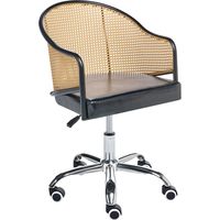Chaise de Bureau Retro en Cuir PU et Rotin PE Tresse Viennoise Dossier Réglable Pivotant Noir Redding