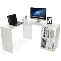 Bureau d'angle avec Rangement 2 Étagères,bureau informatique, bureau d'ordinateur, Bois, Blanc-Mondeer