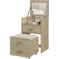 Tavolo da trucco con specchio a ribalta, cassetti e sgabello effetto lino, legno, 90x40x140 cm