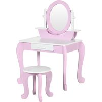 Tocador infantil madera con taburete y espejo centro belleza 1 cajón 3-6 años 65,5x46x93 cm rosa