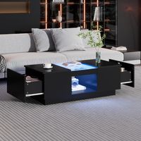 Table basse fixe à 2 tiroirs, compartiments de rangement ouverts, LED, verre et aggloméré, noir - 100 x 50 x 35,5 cm