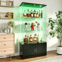 JOOKGBD-Vitrine en Verre avec bande LED,Vitrine pour Collection,Armoire Vitrine Pour Collection avec 4 Porte 3 étagères Transparent,Meuble VITRINES Verre,Verre Trempé sur Miroir,Noir
