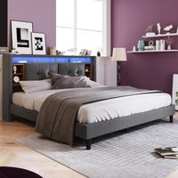Lit rembourré adulte, tête de lit rangement avec chargement USB et éclairage LED, 160x200CM, en bois, gris (sans matelas)