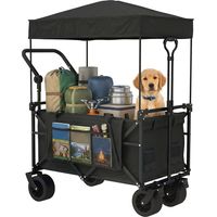 Carro de JardĂn Plegable con Ruedas Grandes Bloqueables Barra Ajustable Portavasos para Campaña 125x59x133 cm Negro