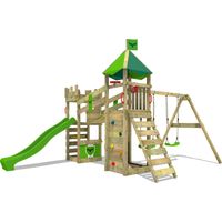 FATMOOSE Wooden climbing frame RiverRun with swing set and slide, Knight's playhouse with sandpit, climbing ladder & play-accessories - apple green