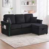Sofá modular de terciopelo acanalado (pana) con LED, USB/Type-C, un puf, almacenamiento y bolsillos, negro, 194x73x81 cm
