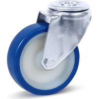 Roulette pivotante freinée - MESO - PU bleu inox - Trou central - 100mm - 180kg