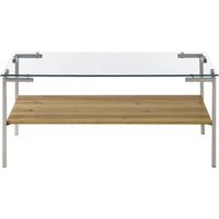 Table basse coloris chêne en verre / bois - Longueur 110 x hauteur 46 x profondeur 60 cm -PEGANE-