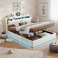 HYTKKBD – Lit Coffre 160x200cm – Chargement USB et Éclairage LED – Tête de Lit avec Rangement – Lit Adulte – Fonction Hydraulique – Sommier à Lattes – Velours Beige